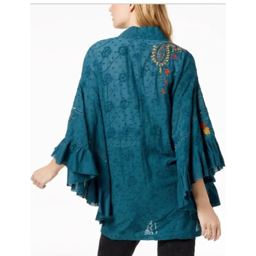 Free People Dottie West Kimono‎ Women's Blouse Top Shirt XS S Teal Embroidered